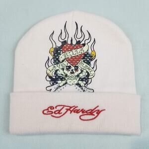 Ed Hardy Hat Beanie Womens One Size Pink Love Kills Slowly Skull Rhinestone